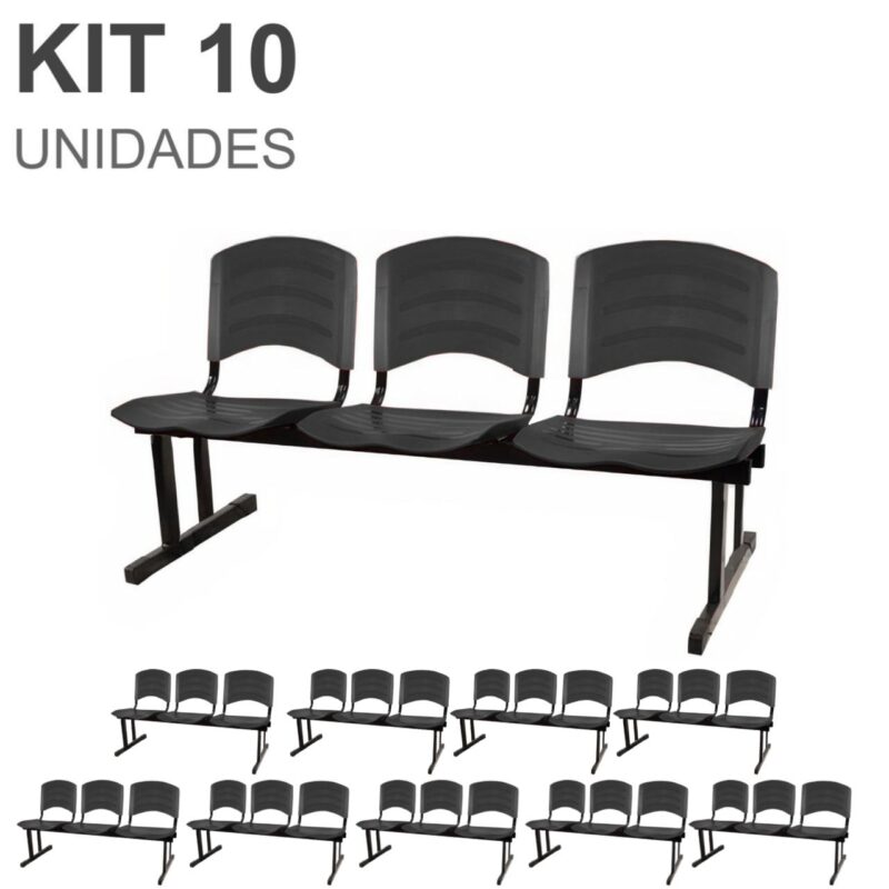 Kit 10 Cadeiras Longarinas PLÁSTICA 03 Lugares – Cor PRETO 33039 MÓVEIS DONATO Longarinas 2