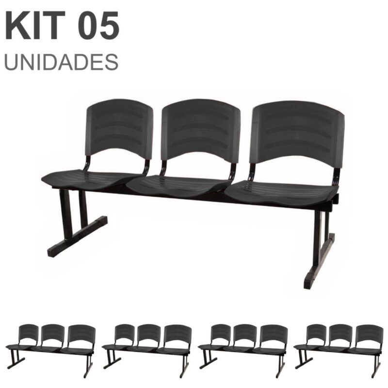 Kit 05 Cadeiras Longarinas PLÁSTICA 03 Lugares – Cor PRETO 33034 MÓVEIS DONATO Longarinas 2