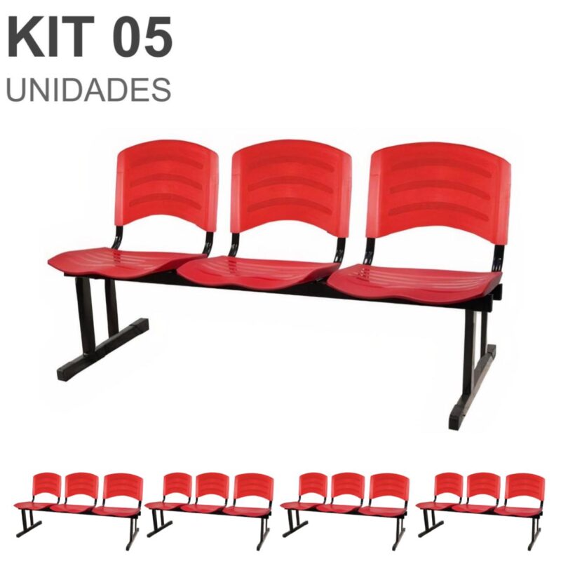 Kit 05 Cadeiras Longarinas PLÁSTICAS 03 Lugares – Cor Vermelho 33043 MÓVEIS DONATO Longarinas 2