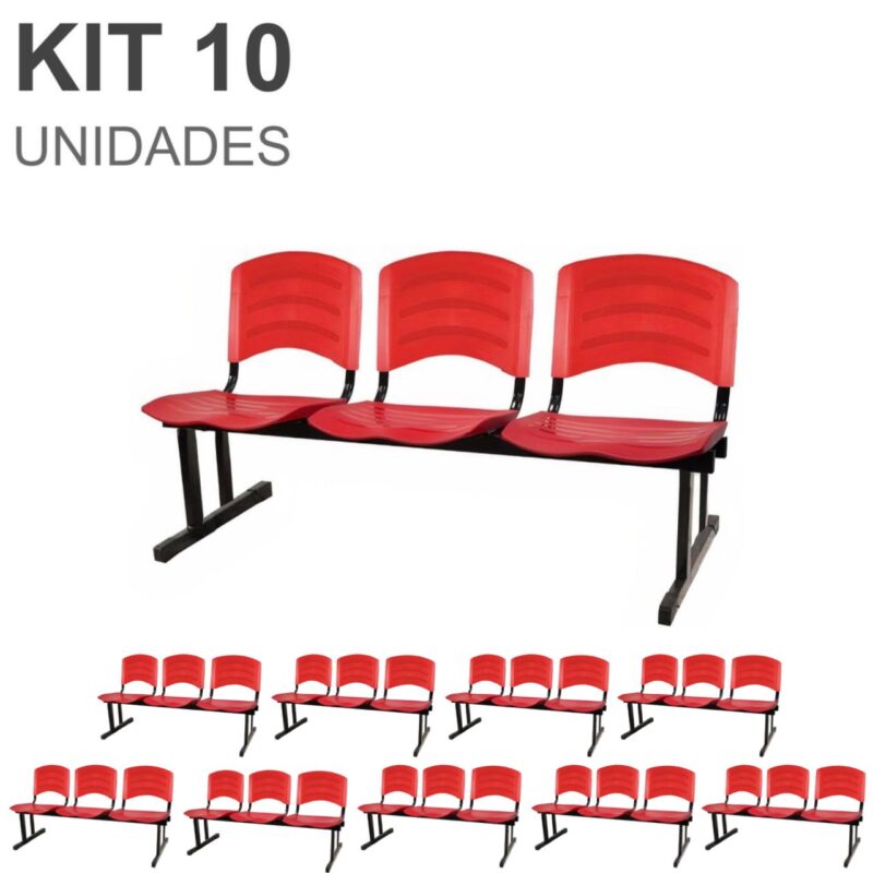 Kit 10 Cadeiras Longarinas PLÁSTICAS 03 Lugares – Cor Vermelho 33048 MÓVEIS DONATO Longarinas 2