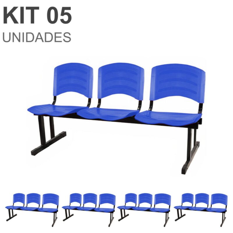 Kit 05 Cadeiras Longarinas PLÁSTICAS 03 Lugares – Cor Azul 33052 MÓVEIS DONATO Longarinas 2