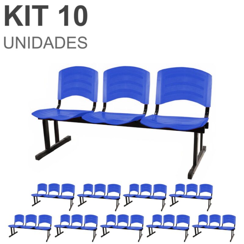 Kit 10 Cadeiras Longarinas PLÁSTICAS 03 Lugares – Cor Azul 33057 MÓVEIS DONATO Longarinas 2