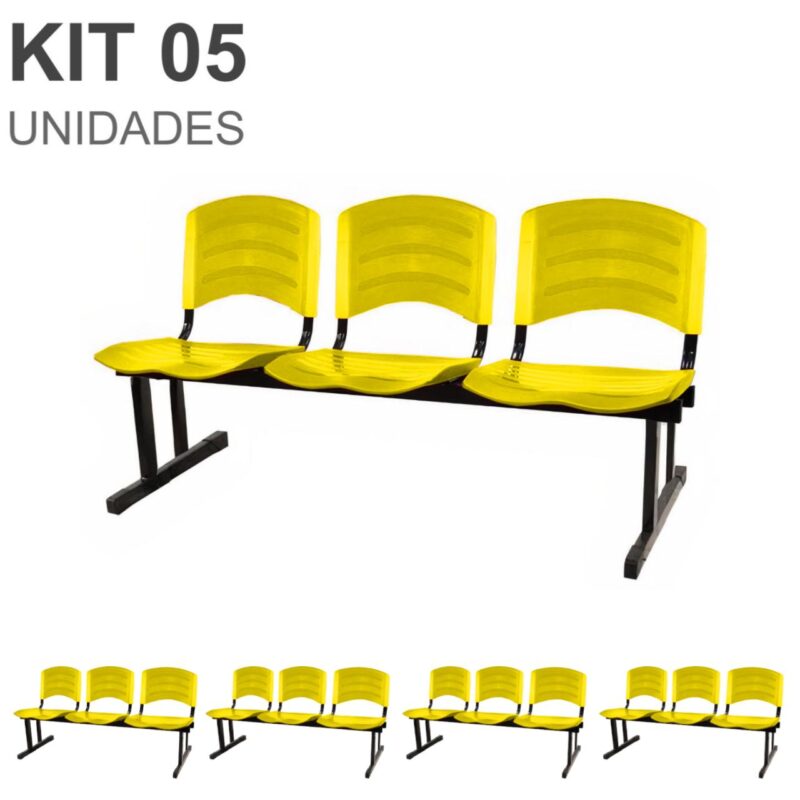 Kit 05 Cadeiras Longarinas PLÁSTICAS 03 Lugares – Cor Amarelo 33080 MÓVEIS DONATO Longarinas 2