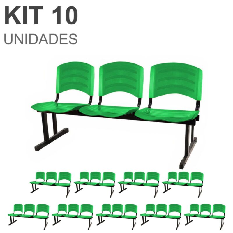 Kit 10 Cadeiras Longarinas PLÁSTICAS 03 Lugares – Cor Verde 33066 MÓVEIS DONATO Longarinas 2