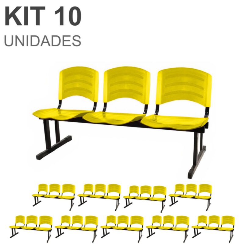 Kit 10 Cadeiras Longarinas PLÁSTICAS 03 Lugares – Cor Amarelo 33085 MÓVEIS DONATO Longarinas 2